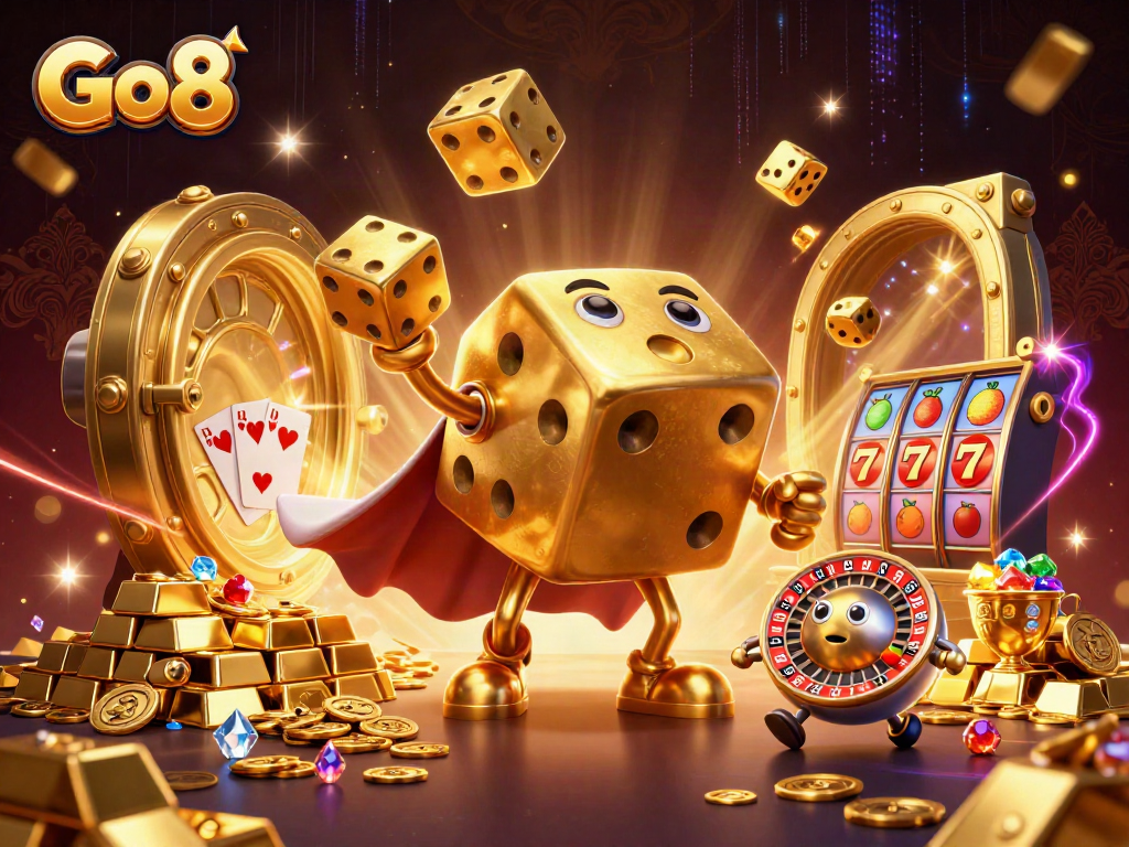 Engage the Go8 experience with dynamic golden dice characters surrounded by exciting casino treasures.