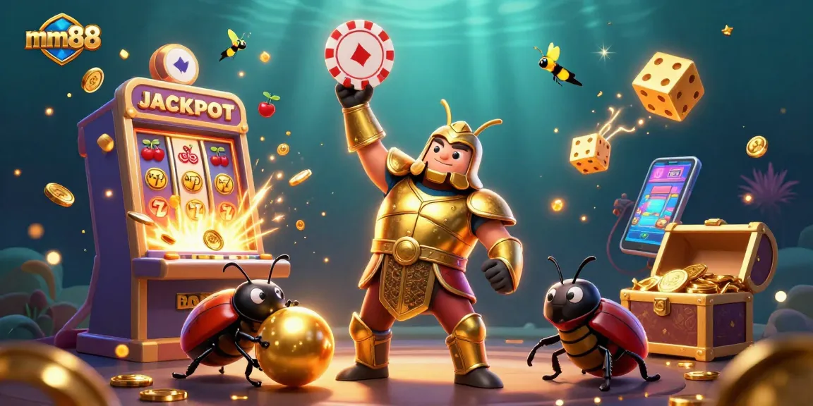 Play exciting games at mm88, featuring vibrant slot machines and cartoon symbols showcasing a massive jackpot.