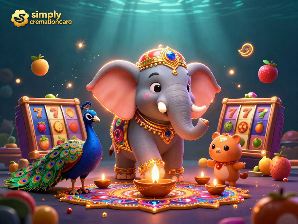 Engage with simplycremationcare slot reels and colorful characters in a vibrant gambling illustration.