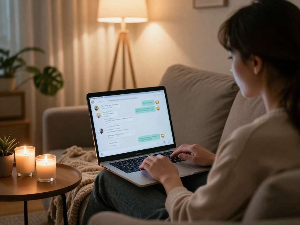Engaging user interacting with AI chat porn on a laptop in a cozy home setting.