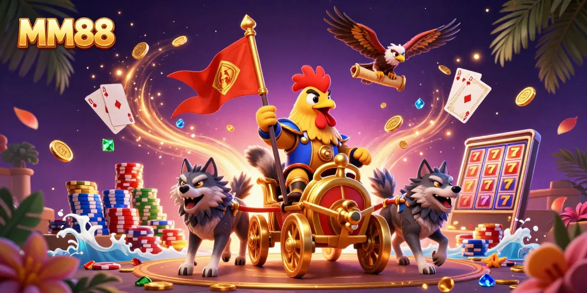Experience exciting MM88 gaming with a dynamic scene of casino elements and characters