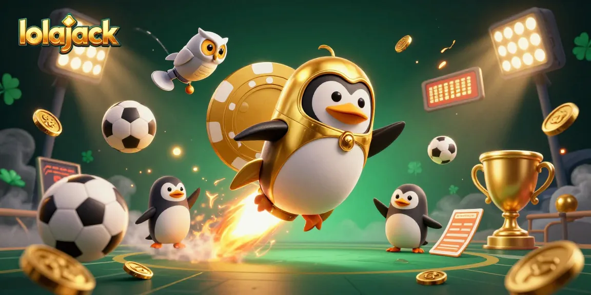 Experience the thrilling action of lolajack as a penguin soars towards a casino station filled with sports elements.