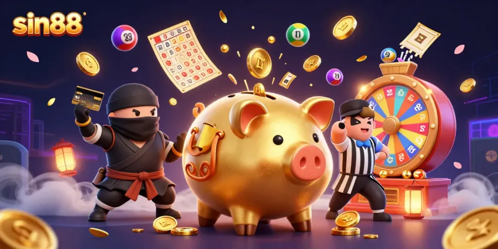 Experience thrilling gameplay with sin88 as golden piggy bank and ninja characters celebrate in a vibrant casino atmosphere.