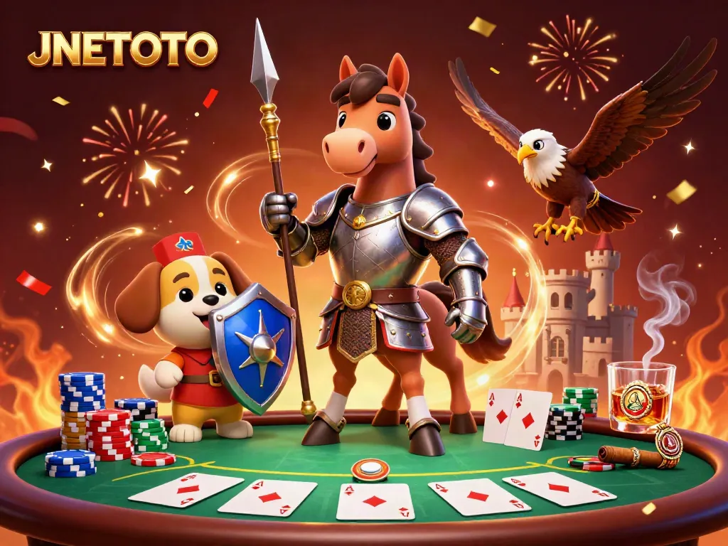 Join JNETOTO for a thrilling poker experience with knights and a joyful puppy in a vibrant casino setting.
