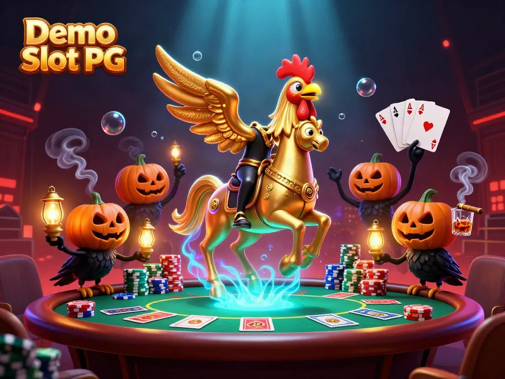 Experience the thrill of Demo Slot PG with a vibrant casino scene featuring a golden rooster and mystical companions.