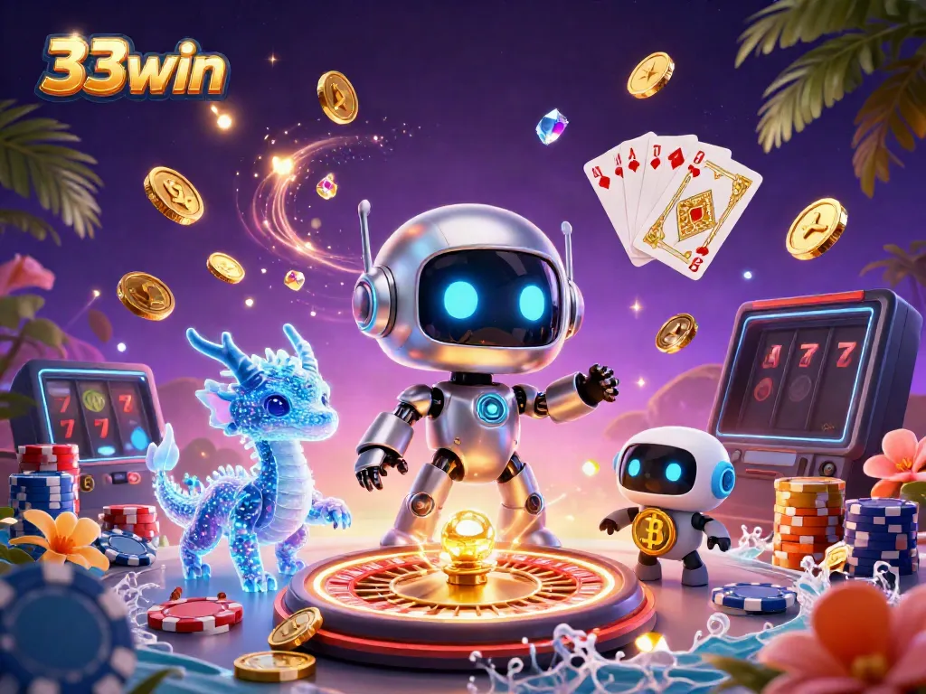 Experience thrilling gameplay with 33win's dynamic casino scene, showcasing rich illustrations and game elements.