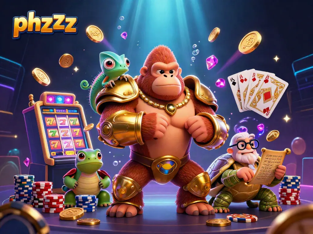 Experience thrilling moments with phzzz in a vibrant casino scene featuring cartoon characters and slot machines.