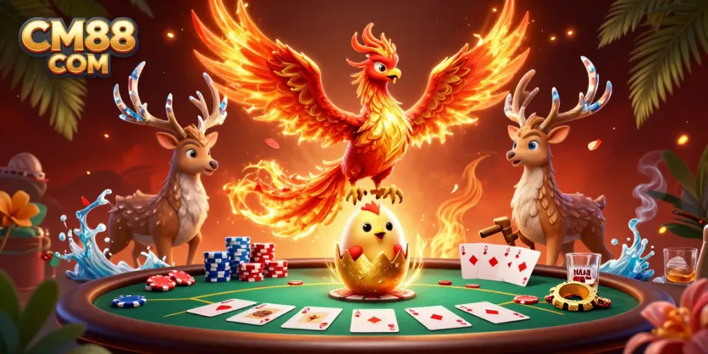 Experience excitement at CM88 COM with a vibrant 3D illustration of a phoenix and poker setup.