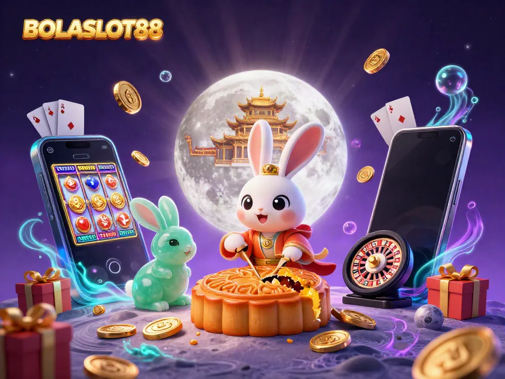 BOLASLOT88 showcases a vibrant illustration of a moon rabbit revealing poker chips among magical casino elements.