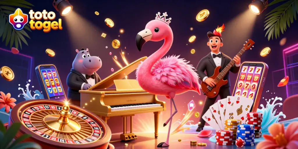 Menggulung koin emas dan permata menyebar di sekitar penyanyi lounge flamingo sambil bermain toto togel.