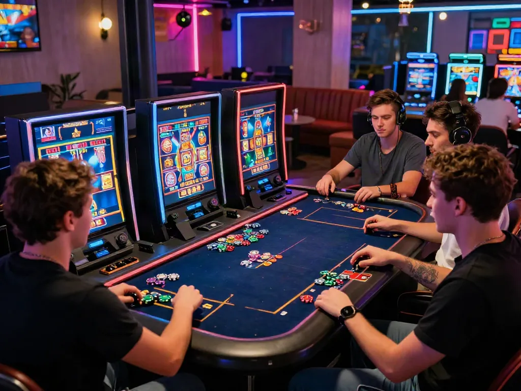 Friends enjoying online slot games at a gaming lounge, vibrant atmosphere with akunjp branding.
