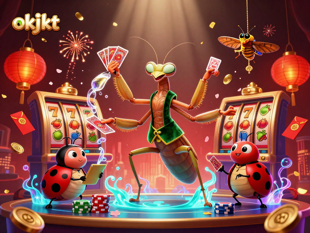 Memainkan slot online di okjkt dengan suasana kasino yang menggembirakan dan elemen dekoratif yang menarik.