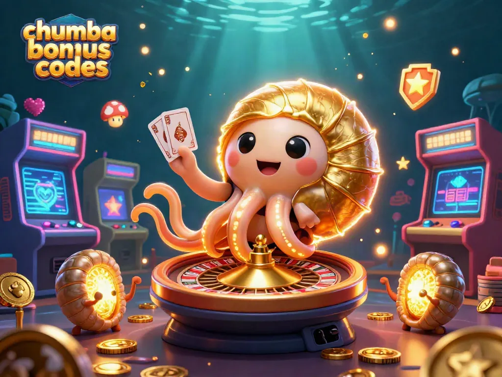 Experience Chumba Casino bonus codes through a whimsical 3D illustration showcasing a giant nautilus roulette wheel and glowing ammonite companions in a vibrant gaming scene.