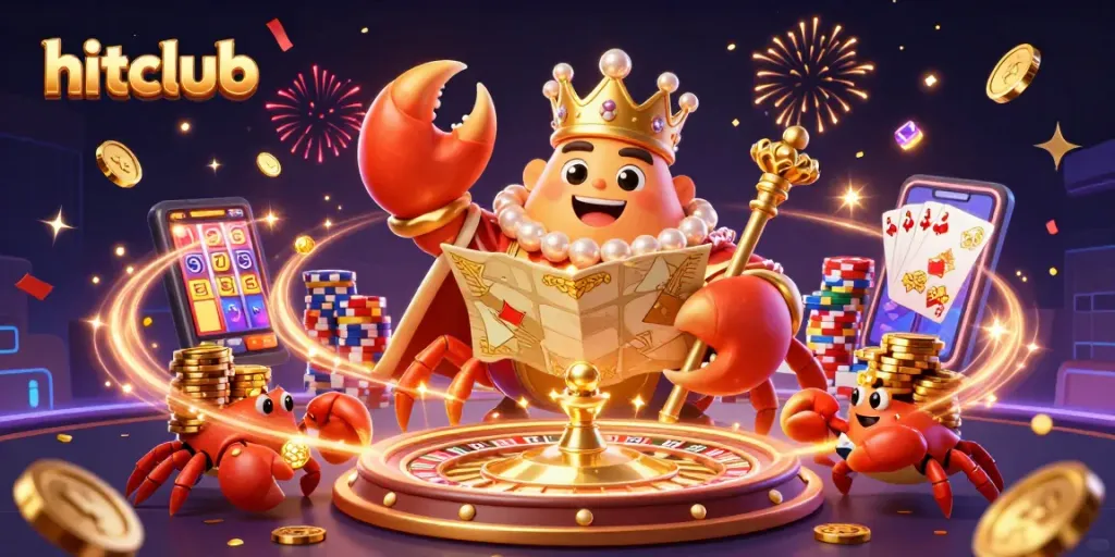 Experience thrilling wins with hitclub's vibrant 3D gaming scene featuring a golden crab emperor and dynamic casino elements.